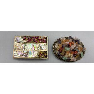Vtg 2 Pc Stone Shell‎ Bead Inlay Belt Buckle Set Oval Rectangle